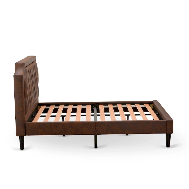 Ensemble de chambre à coucher 2 pièces – Lit plateforme en similicuir et table de chevet, brun foncé, pieds noirs
