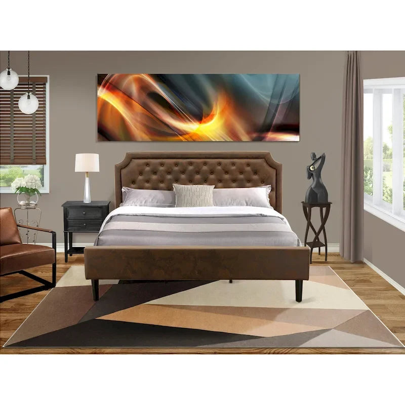 Ensemble de chambre à coucher 2 pièces – Lit plateforme en similicuir et table de chevet, brun foncé, pieds noirs