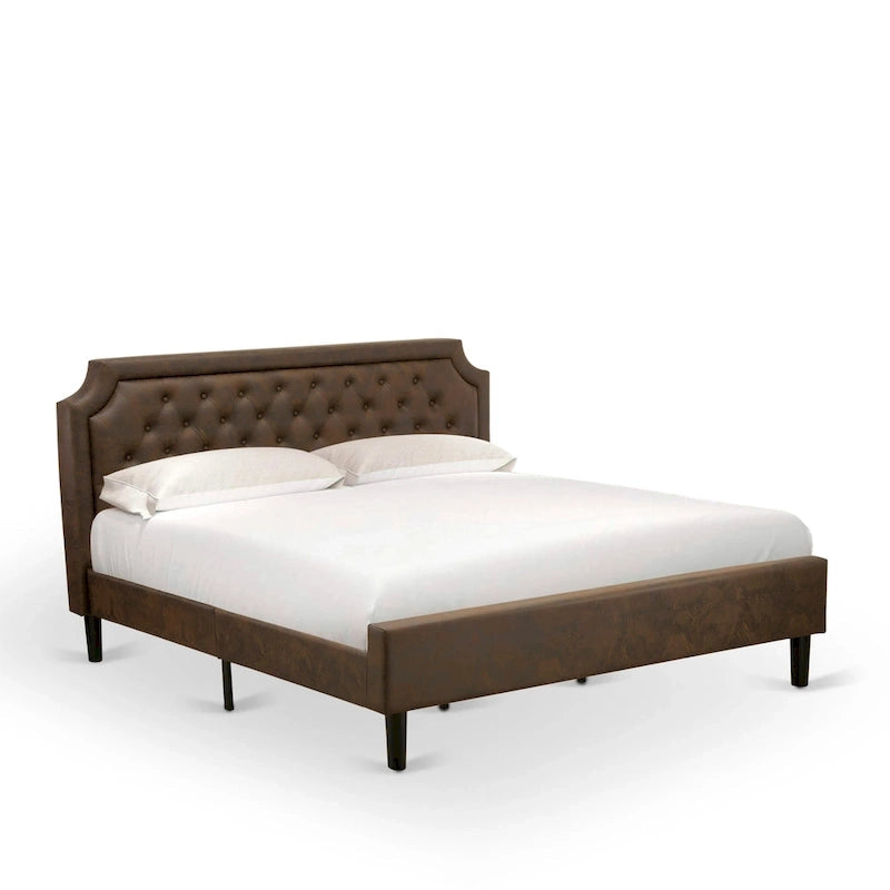 Ensemble de chambre à coucher 2 pièces – Lit plateforme en similicuir et table de chevet, brun foncé, pieds noirs
