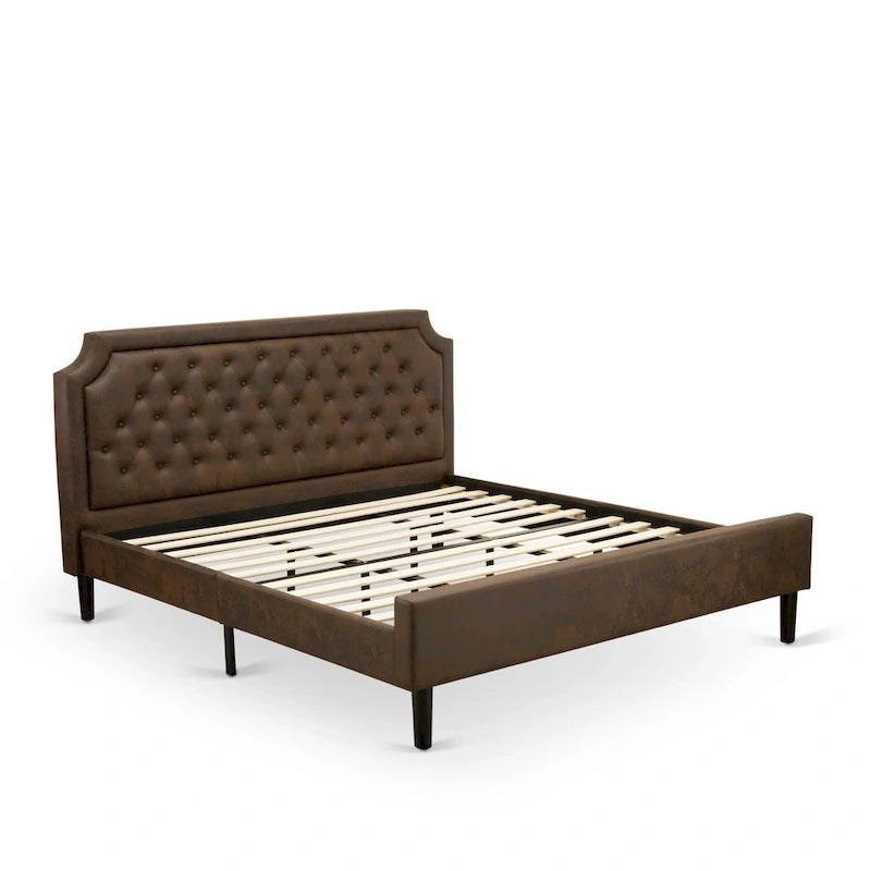 Ensemble de chambre à coucher 2 pièces – Lit plateforme en similicuir et table de chevet, brun foncé, pieds noirs