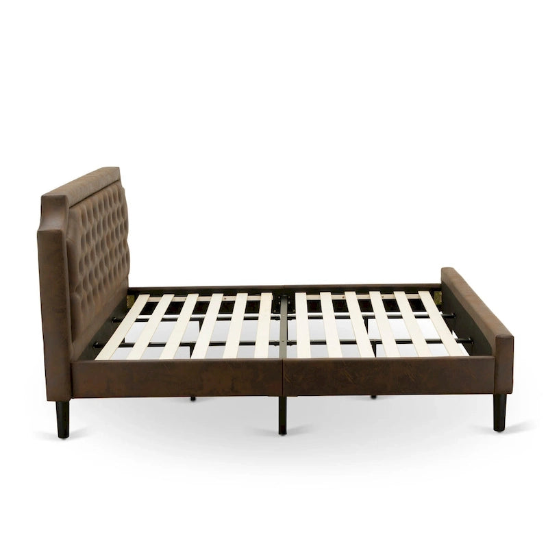Ensemble de chambre à coucher 2 pièces – Lit plateforme en similicuir et table de chevet, brun foncé, pieds noirs