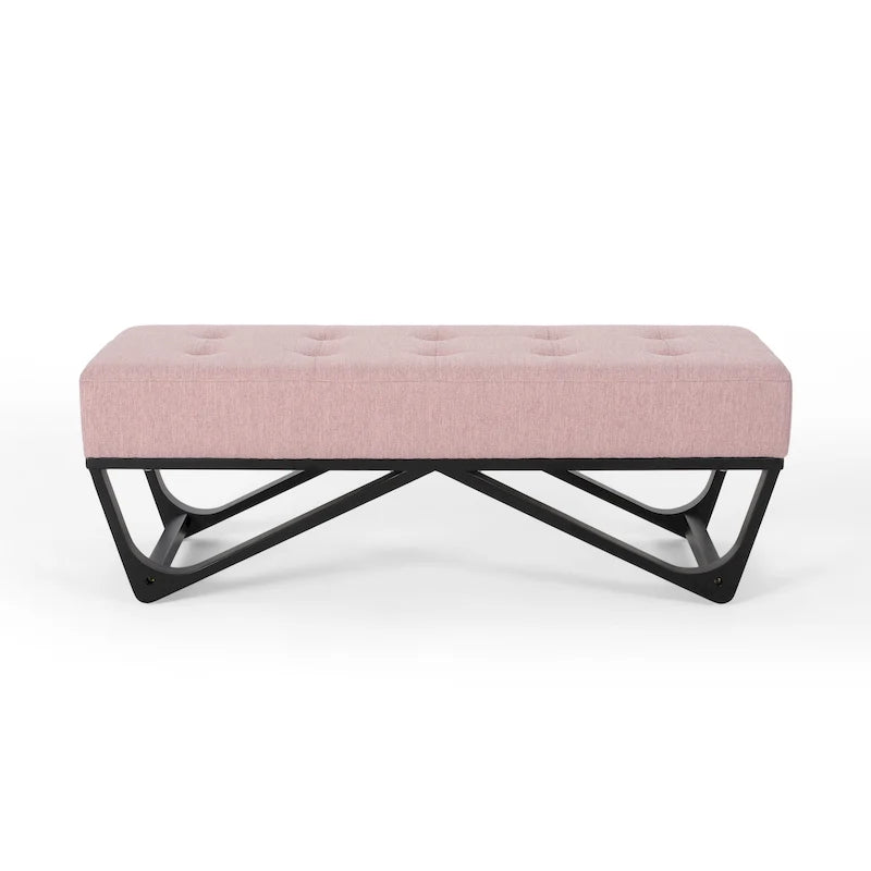 Banc-ottoman en tissu capitonné avec pieds en bois courbé