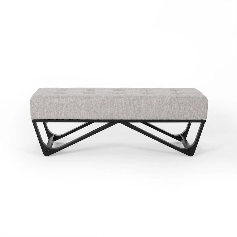 Banc-ottoman en tissu capitonné avec pieds en bois courbé