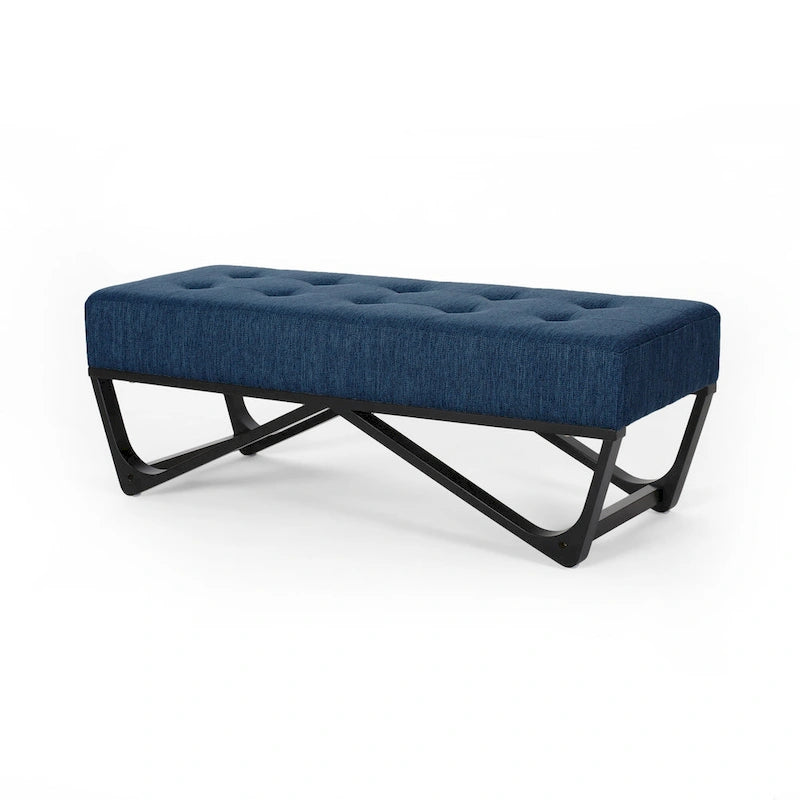 Banc-ottoman en tissu capitonné avec pieds en bois courbé