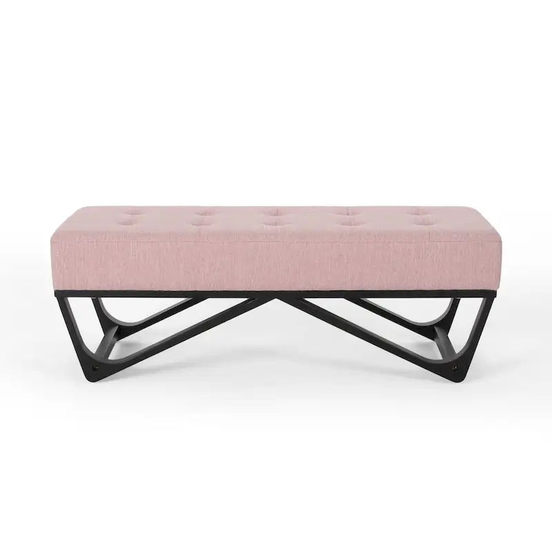Banc-ottoman en tissu capitonné avec pieds en bois courbé