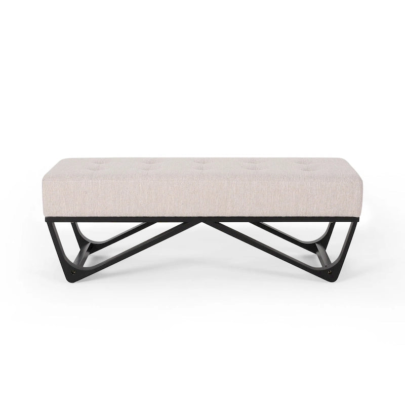 Banc-ottoman en tissu capitonné avec pieds en bois courbé