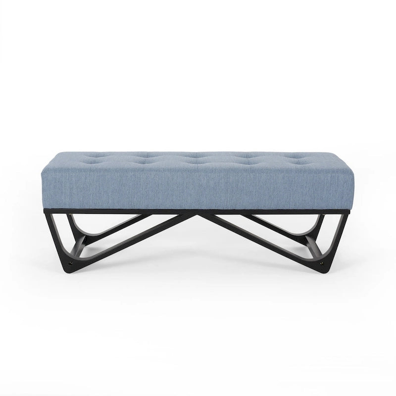 Banc-ottoman en tissu capitonné avec pieds en bois courbé