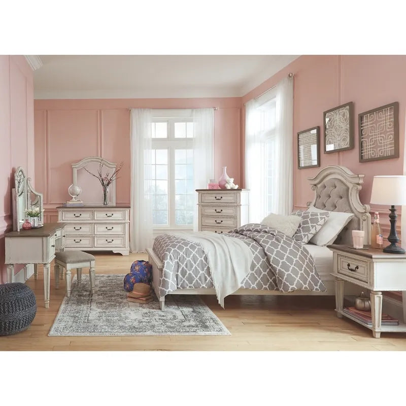 Commode blanche ébréchée – Meuble de rangement de chambre à finition vieillie