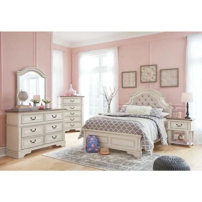 Commode blanche ébréchée – Meuble de rangement de chambre à finition vieillie