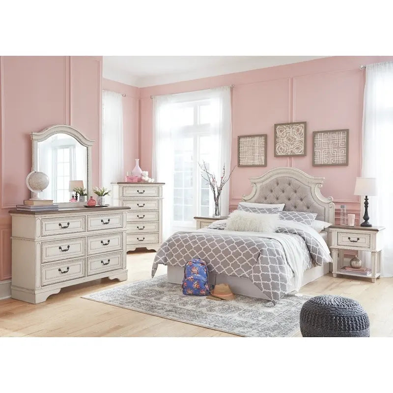 Commode blanche ébréchée – Meuble de rangement de chambre à finition vieillie