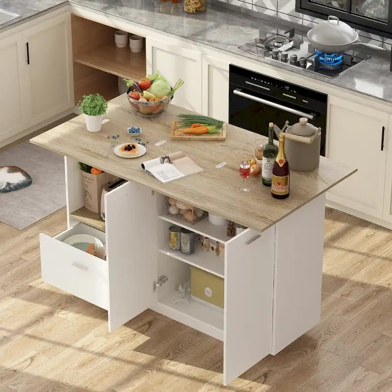 Îlot de cuisine extensible chêne et marron avec rangement