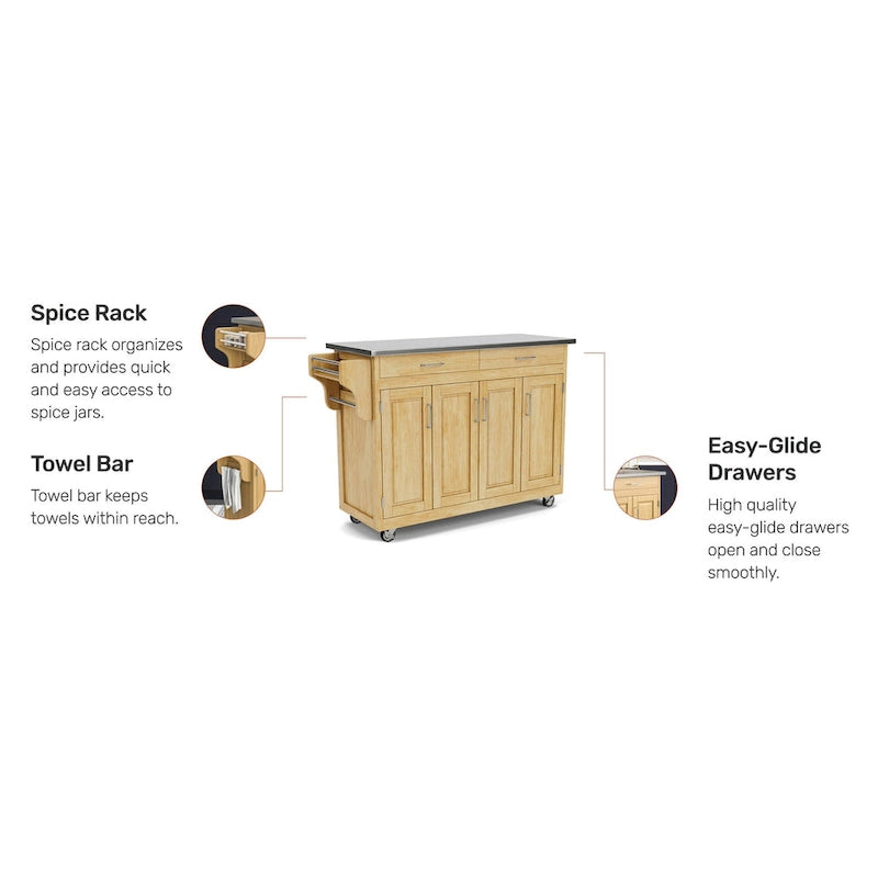 Desserte de cuisine mobile en bois naturel avec plateau en acier inoxydable