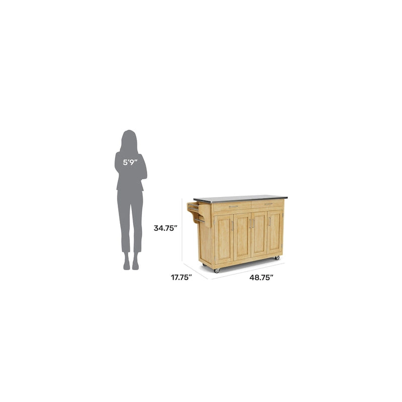 Desserte de cuisine mobile en bois naturel avec plateau en acier inoxydable