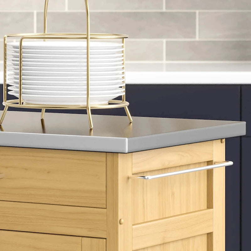 Desserte de cuisine mobile en bois naturel avec plateau en acier inoxydable