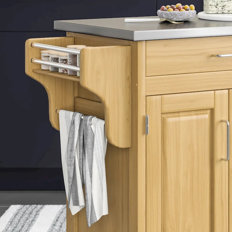 Desserte de cuisine mobile en bois naturel avec plateau en acier inoxydable