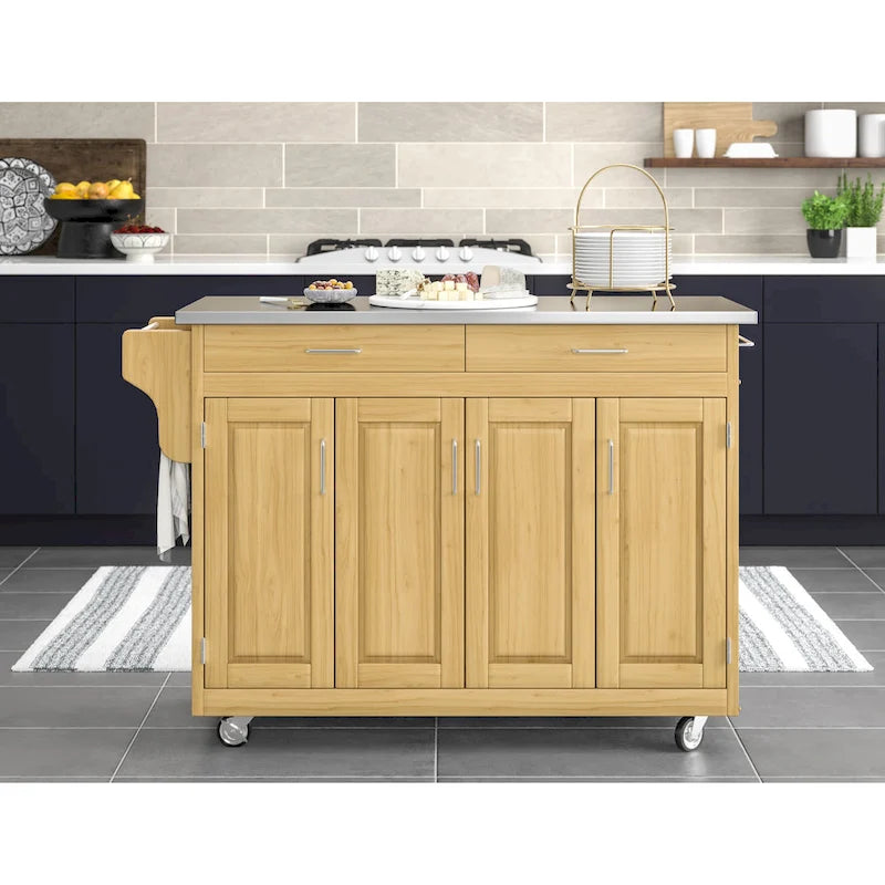 Desserte de cuisine mobile en bois naturel avec plateau en acier inoxydable