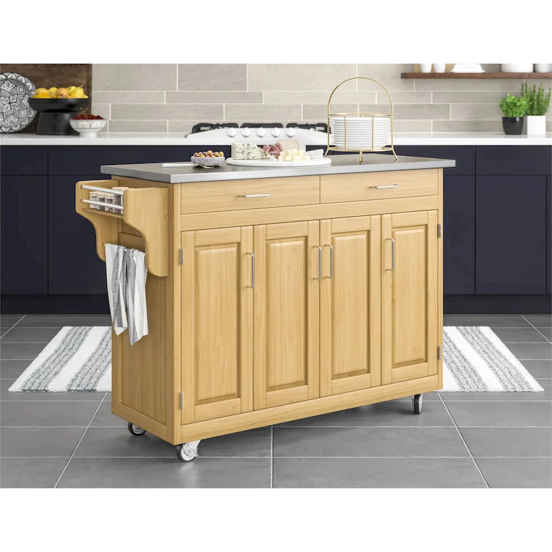 Desserte de cuisine mobile en bois naturel avec plateau en acier inoxydable