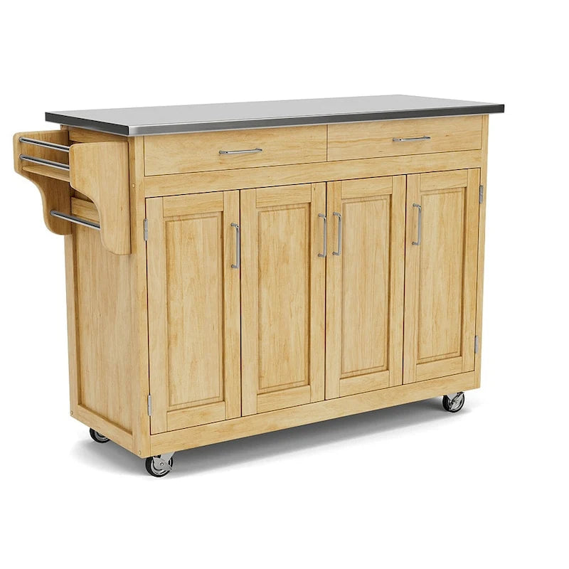 Desserte de cuisine mobile en bois naturel avec plateau en acier inoxydable