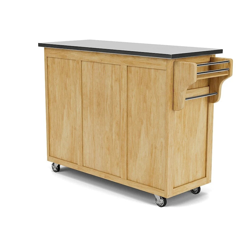 Desserte de cuisine mobile en bois naturel avec plateau en acier inoxydable