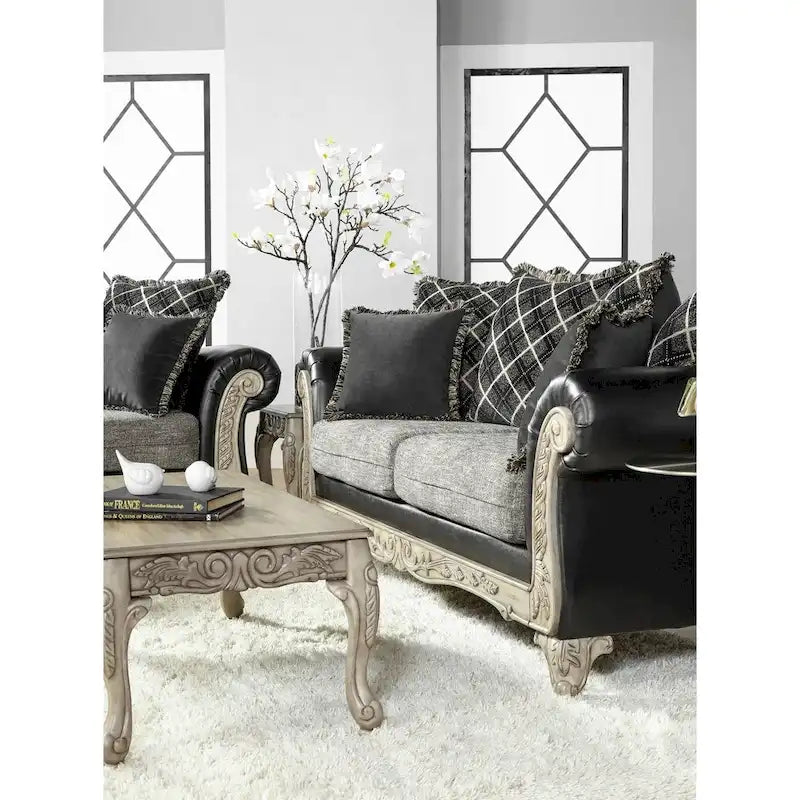 Ensemble sofa et causeuse Roundhill Furniture San Marino en tissu bicolore avec cadre en bois et 3 tables, couleur ébène