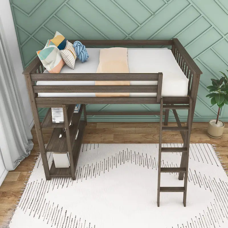 Lit mezzanine pleine grandeur avec bibliothèque et échelle