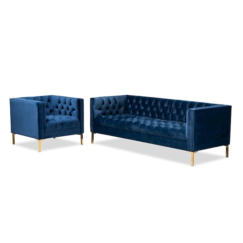 Ensemble canapé et fauteuil 2 pièces, finition velours et or, style glamour