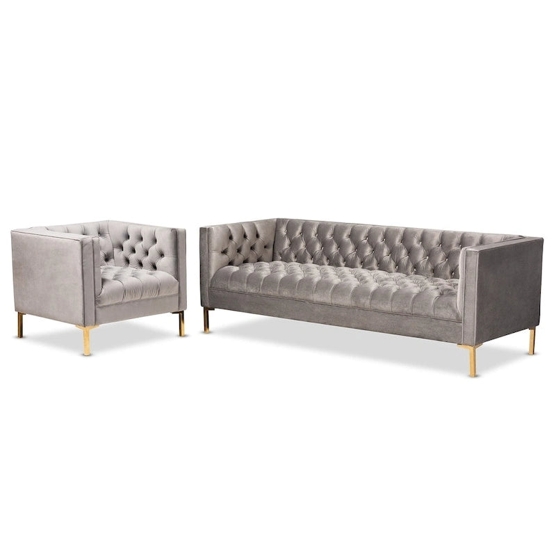 Ensemble canapé et fauteuil 2 pièces, finition velours et or, style glamour