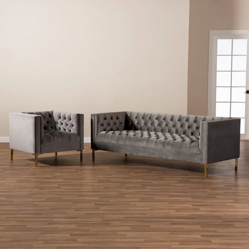 Ensemble canapé et fauteuil 2 pièces, finition velours et or, style glamour