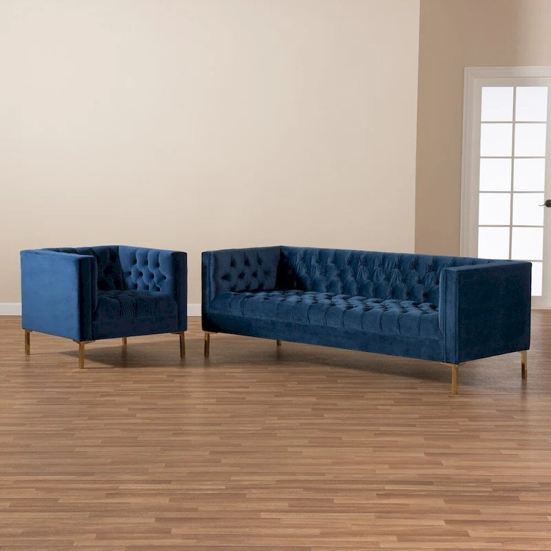 Ensemble canapé et fauteuil 2 pièces, finition velours et or, style glamour