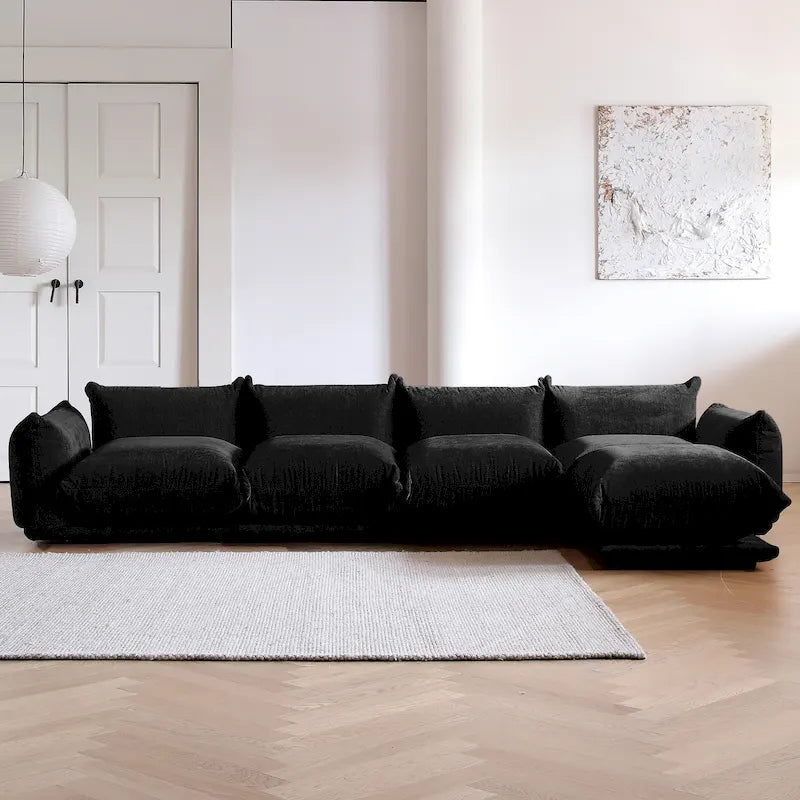 Canapé sectionnel modulaire moderne en chenille noire avec pouf