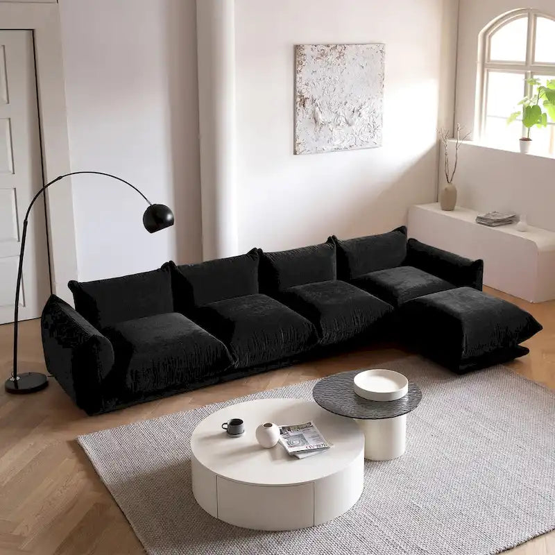Canapé sectionnel modulaire moderne en chenille noire avec pouf