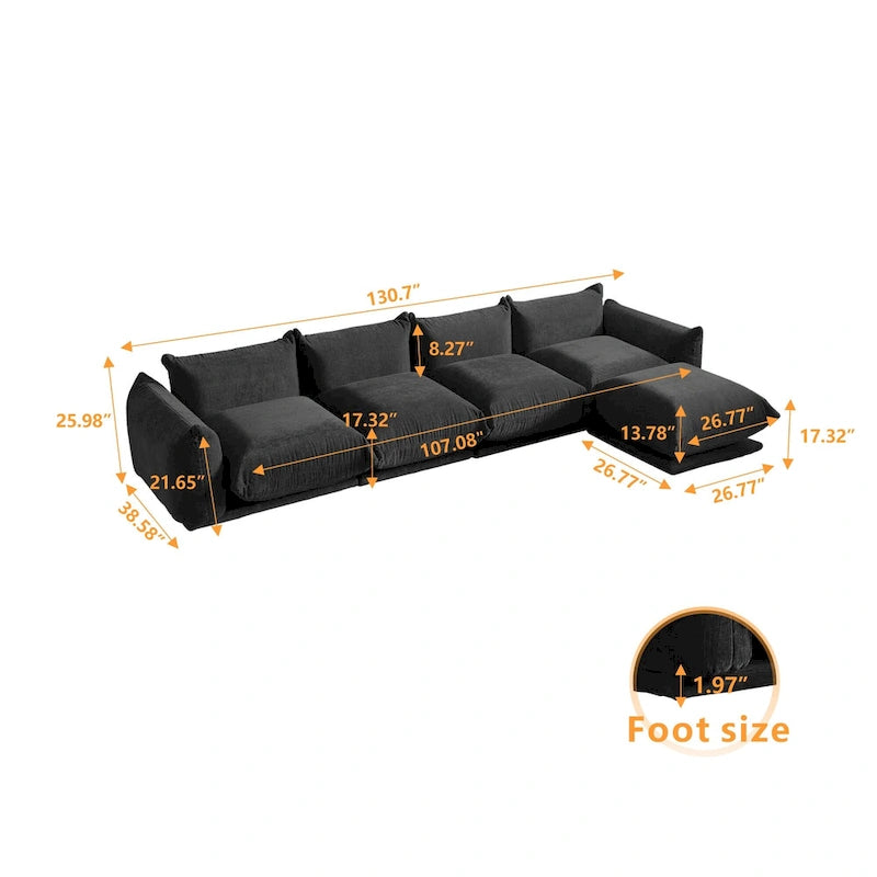 Canapé sectionnel modulaire moderne en chenille noire avec pouf