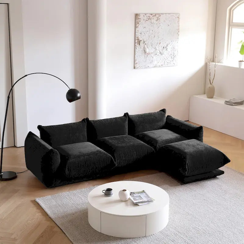Canapé sectionnel modulaire moderne en chenille noire avec pouf