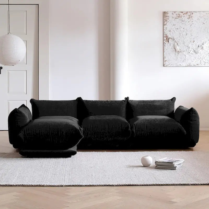 Canapé sectionnel modulaire moderne en chenille noire avec pouf