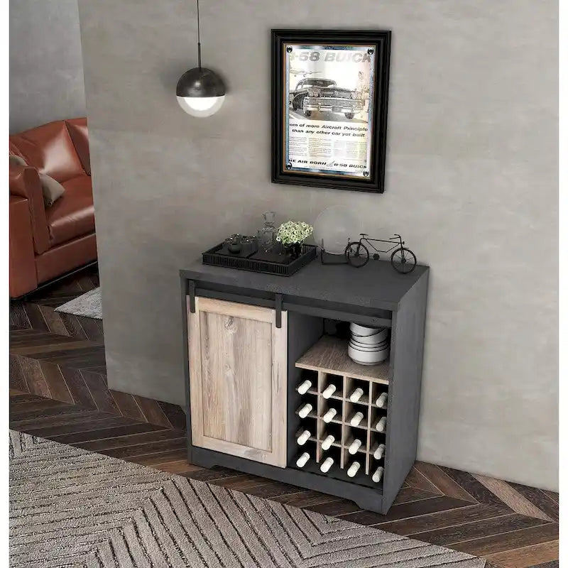 Meuble de rangement gris foncé avec porte coulissante type grange