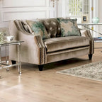 Causeuse rembourrée en bois massif de style transitionnel – Canapé 2 places capitonné pour salon