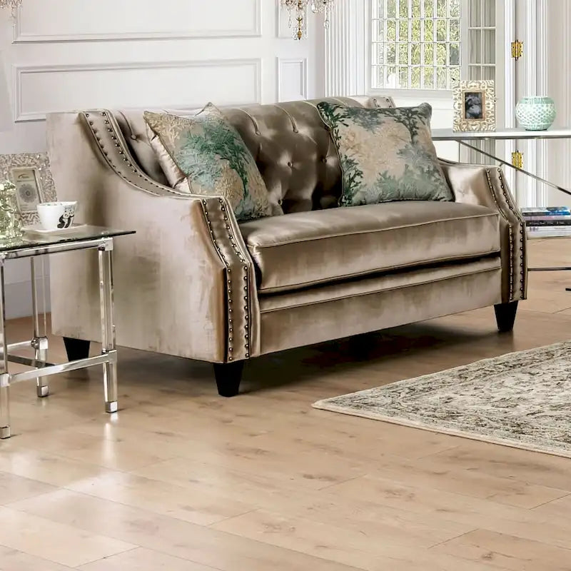 Causeuse rembourrée en bois massif de style transitionnel – Canapé 2 places capitonné pour salon