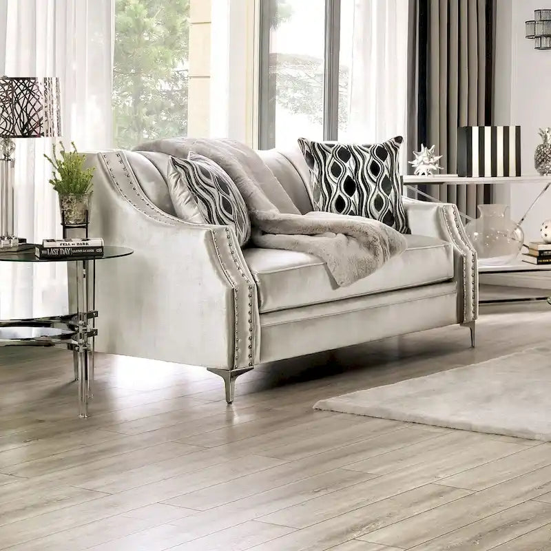Causeuse rembourrée en bois massif de style transitionnel – Canapé 2 places capitonné pour salon