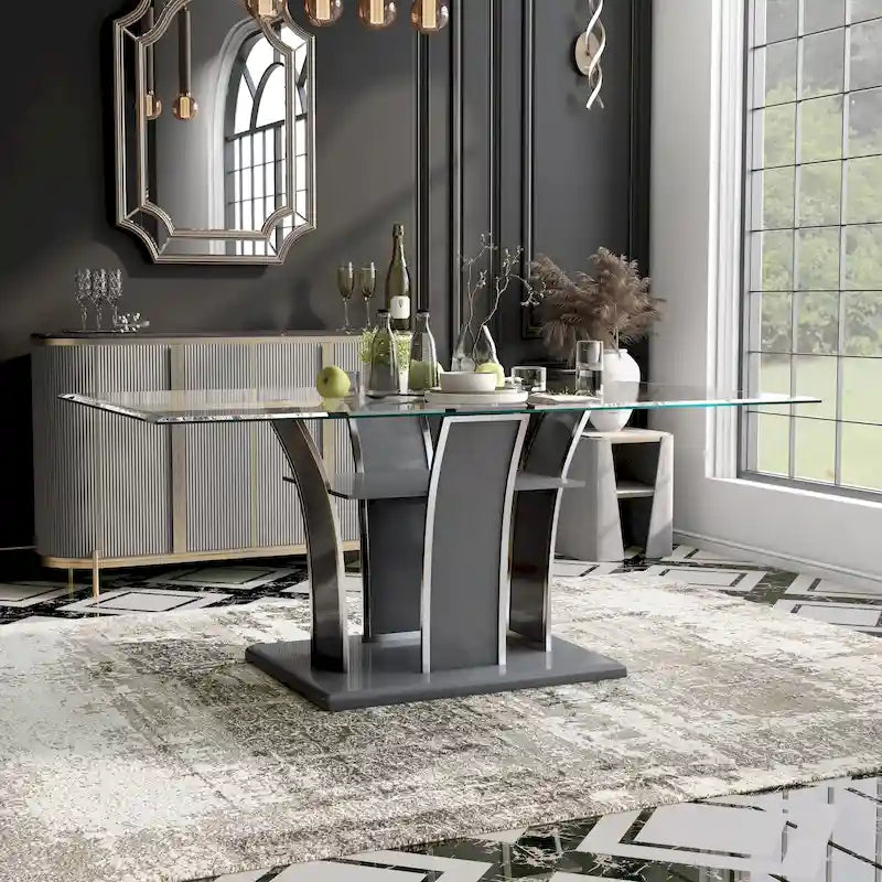 Table à manger moderne en bois avec plateau en verre de 183 cm – Design épuré pour salles à manger contemporaines
