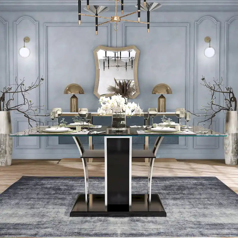 Table à manger moderne en bois avec plateau en verre de 183 cm – Design épuré pour salles à manger contemporaines