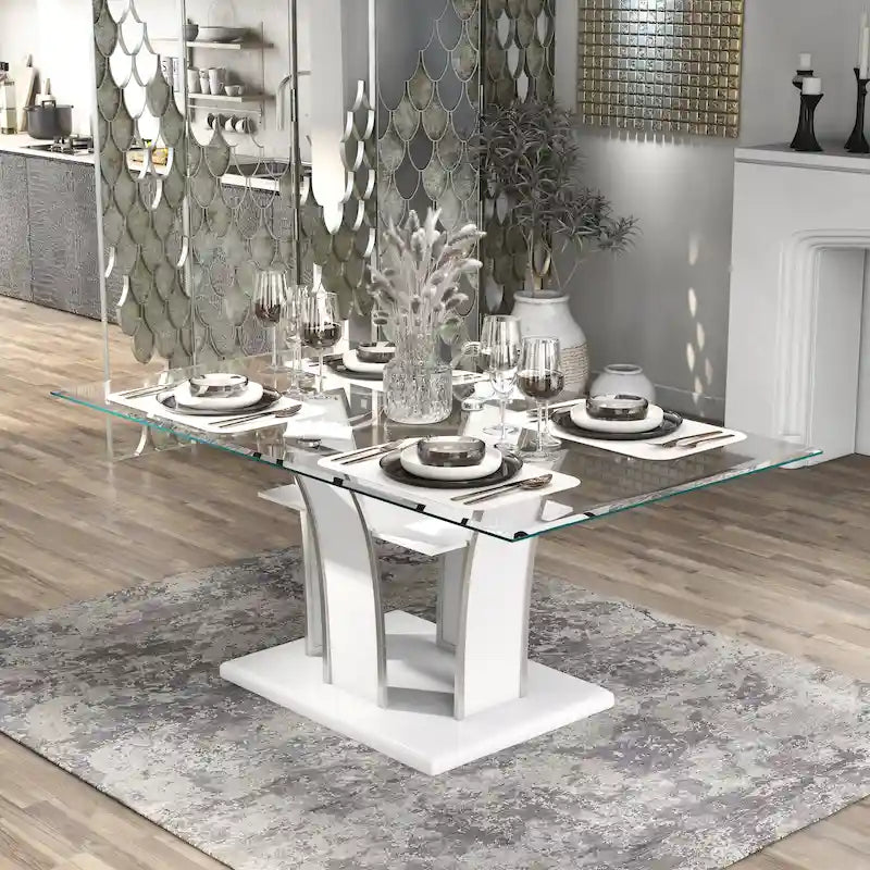 Table à manger moderne en bois avec plateau en verre de 183 cm – Design épuré pour salles à manger contemporaines