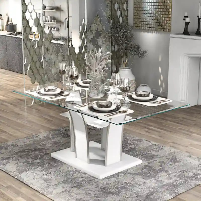 Table à manger moderne en bois avec plateau en verre de 183 cm – Design épuré pour salles à manger contemporaines
