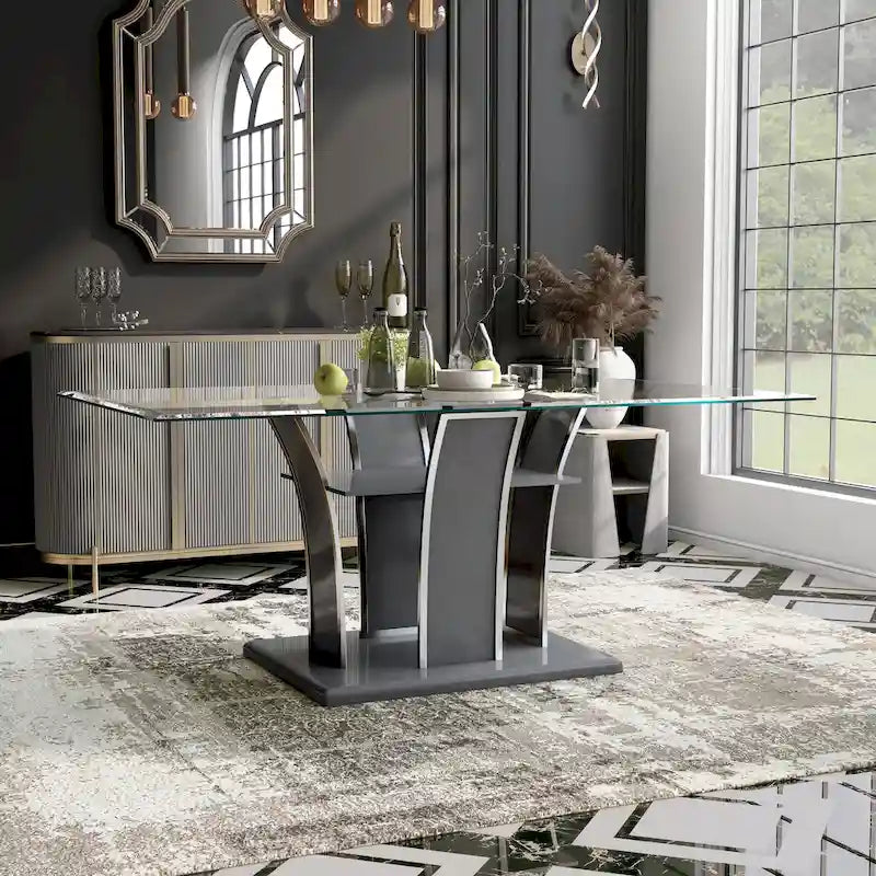 Table à manger moderne en bois avec plateau en verre de 183 cm – Design épuré pour salles à manger contemporaines