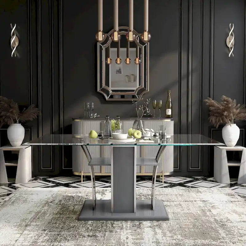 Table à manger moderne en bois avec plateau en verre de 183 cm – Design épuré pour salles à manger contemporaines