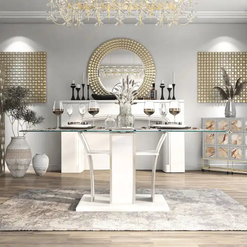 Table à manger moderne en bois avec plateau en verre de 183 cm – Design épuré pour salles à manger contemporaines