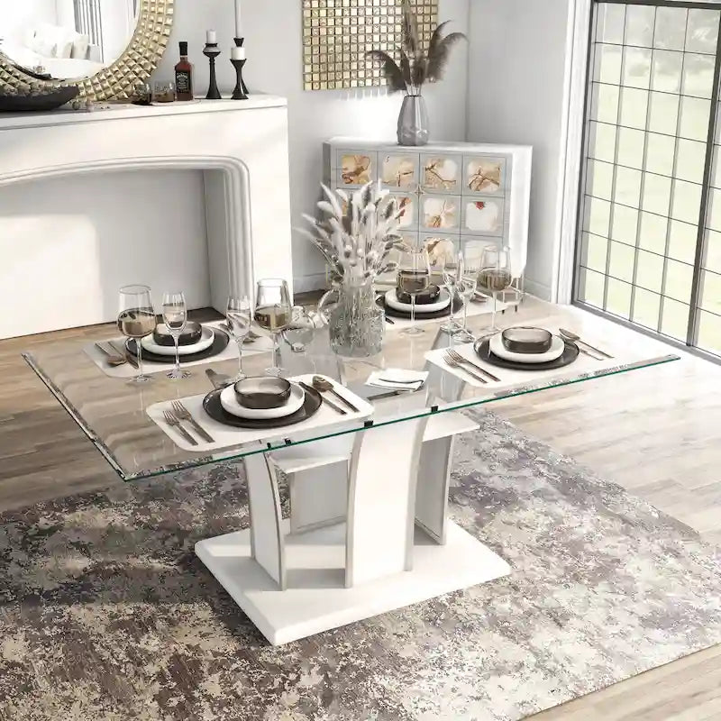 Table à manger moderne en bois avec plateau en verre de 183 cm – Design épuré pour salles à manger contemporaines