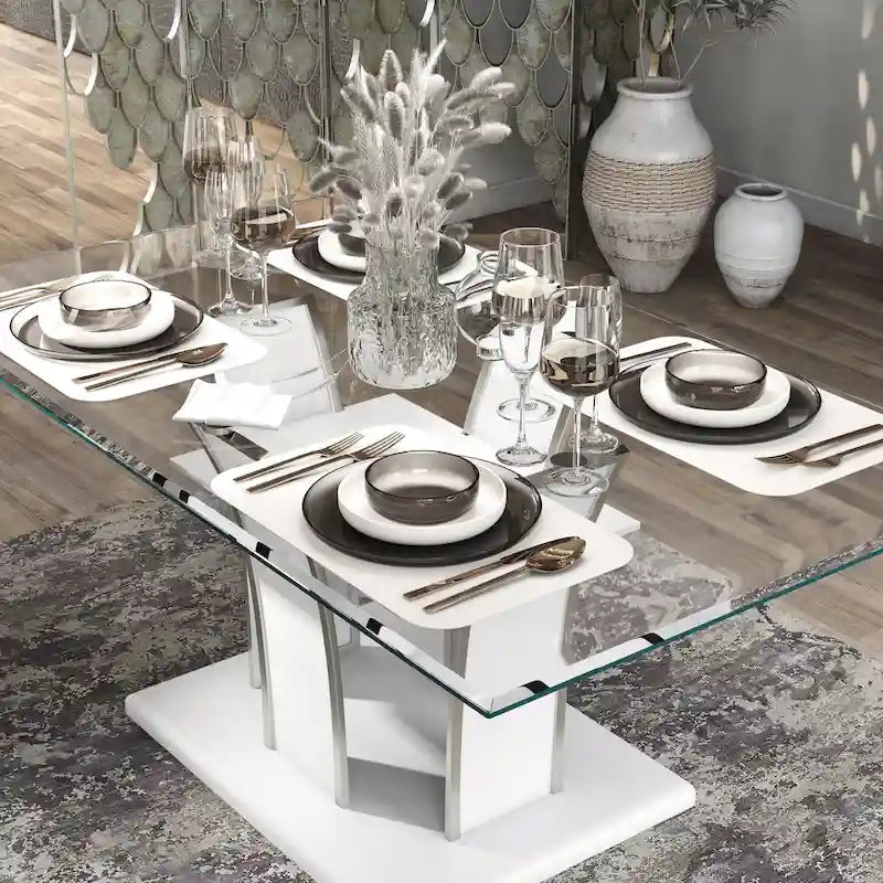 Table à manger moderne en bois avec plateau en verre de 183 cm – Design épuré pour salles à manger contemporaines