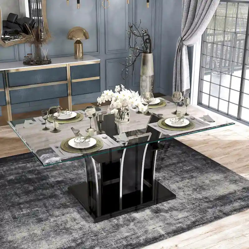 Table à manger moderne en bois avec plateau en verre de 183 cm – Design épuré pour salles à manger contemporaines