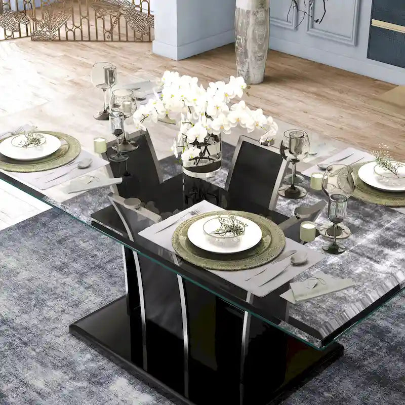 Table à manger moderne en bois avec plateau en verre de 183 cm – Design épuré pour salles à manger contemporaines