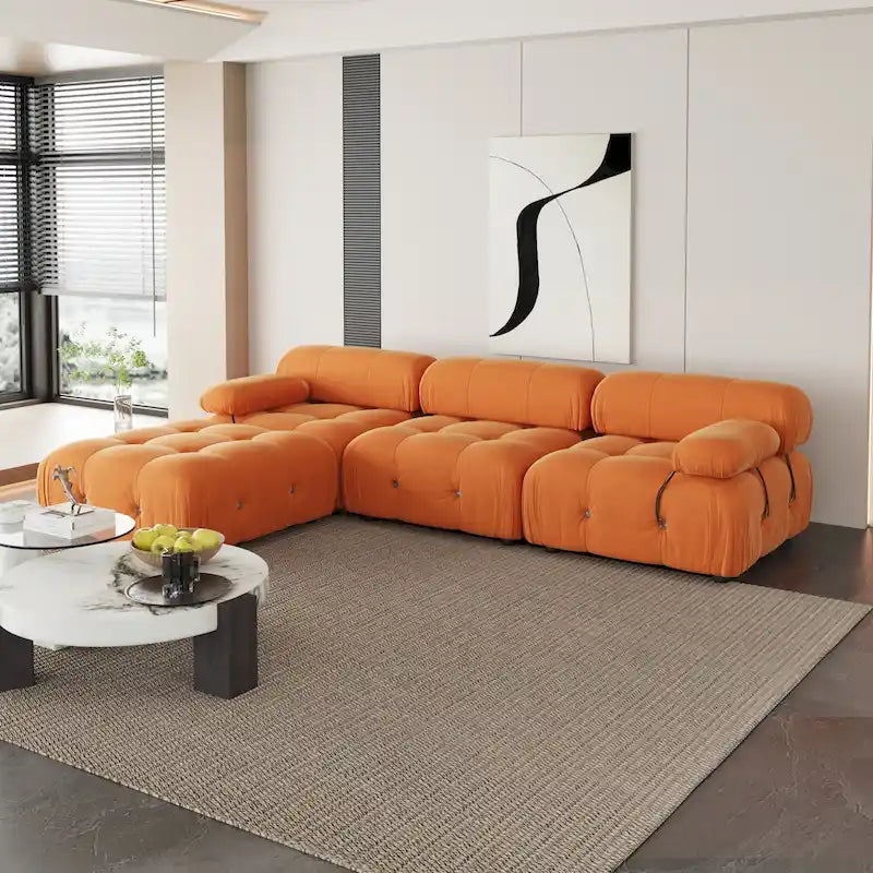 Canapé d'angle en velours avec pouf